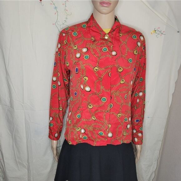 HP🎀Josephine Petites long sleeve red chain pattern button down shirt. - Picture 11 of 12